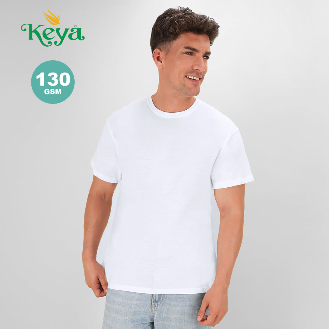 A white adult T-shirt displayed on a model with a round neckline and short sleeves, featuring a logo on the top left. MC130 Adult White T-Shirt "keya" - Image 1