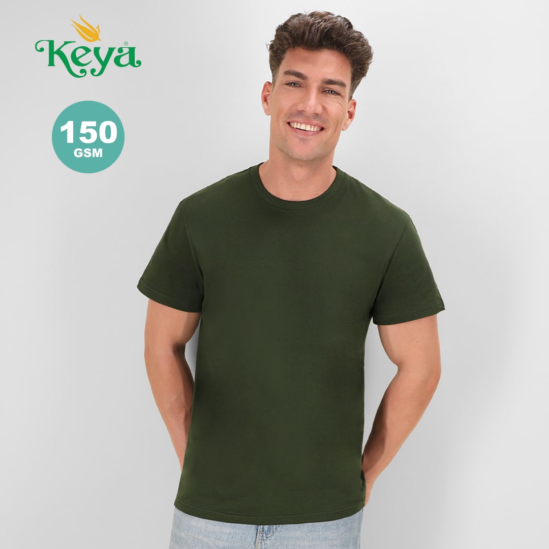 A green adult T-shirt with a crew neck, featuring a logo and a fitted design. MC150 Adult Colour T-Shirt "keya" - Image 1