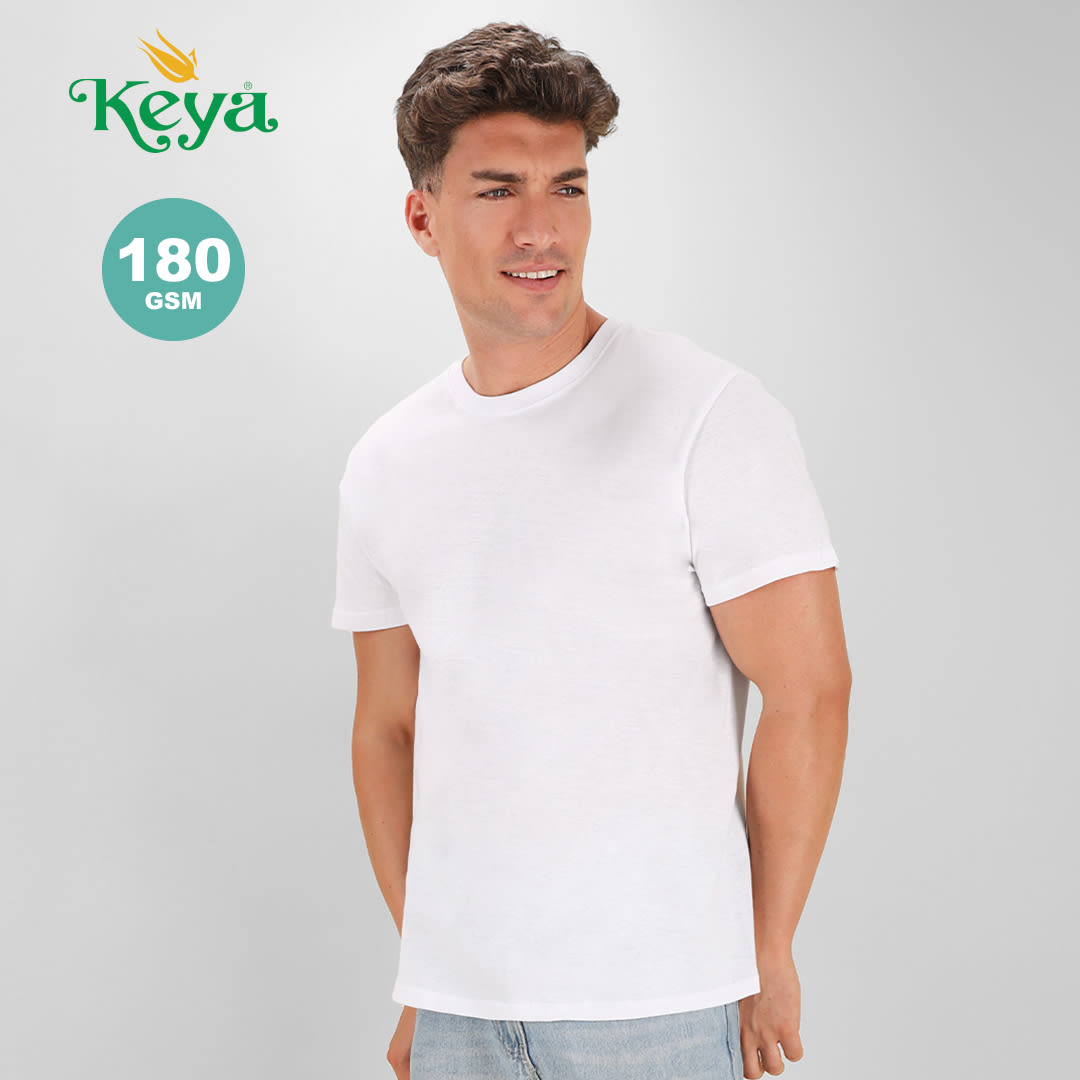 A white adult T-shirt featuring a crew neck and short sleeves, with a branding logo visible. MC180 Adult White T-Shirt "keya" - Image 1