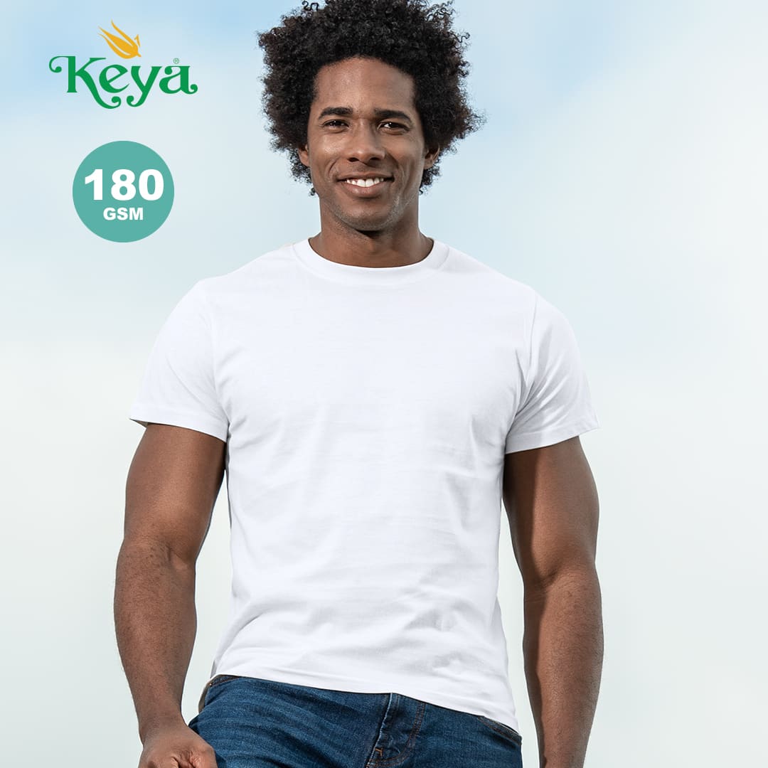 A white adult T-shirt with a round neck, modelled by a smiling man against a cloudy sky. Features a logo. MC180-OE Adult White T-Shirt "keya" - Image 1