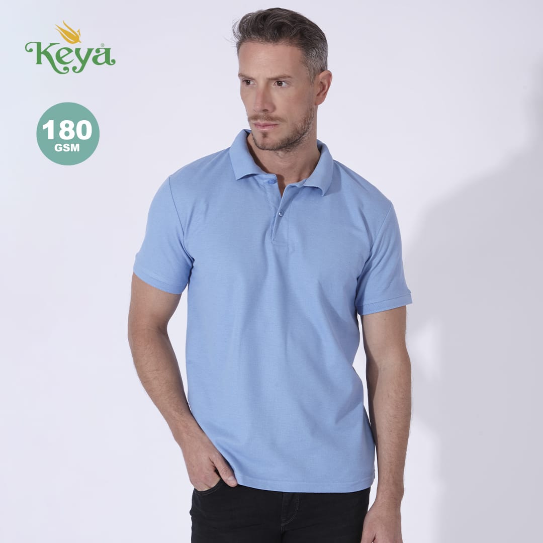 A light blue polo shirt featuring a collar and short sleeves, with a logo on the upper left side. MPS180 Adult Colour Polo Shirt "keya" - Image 1