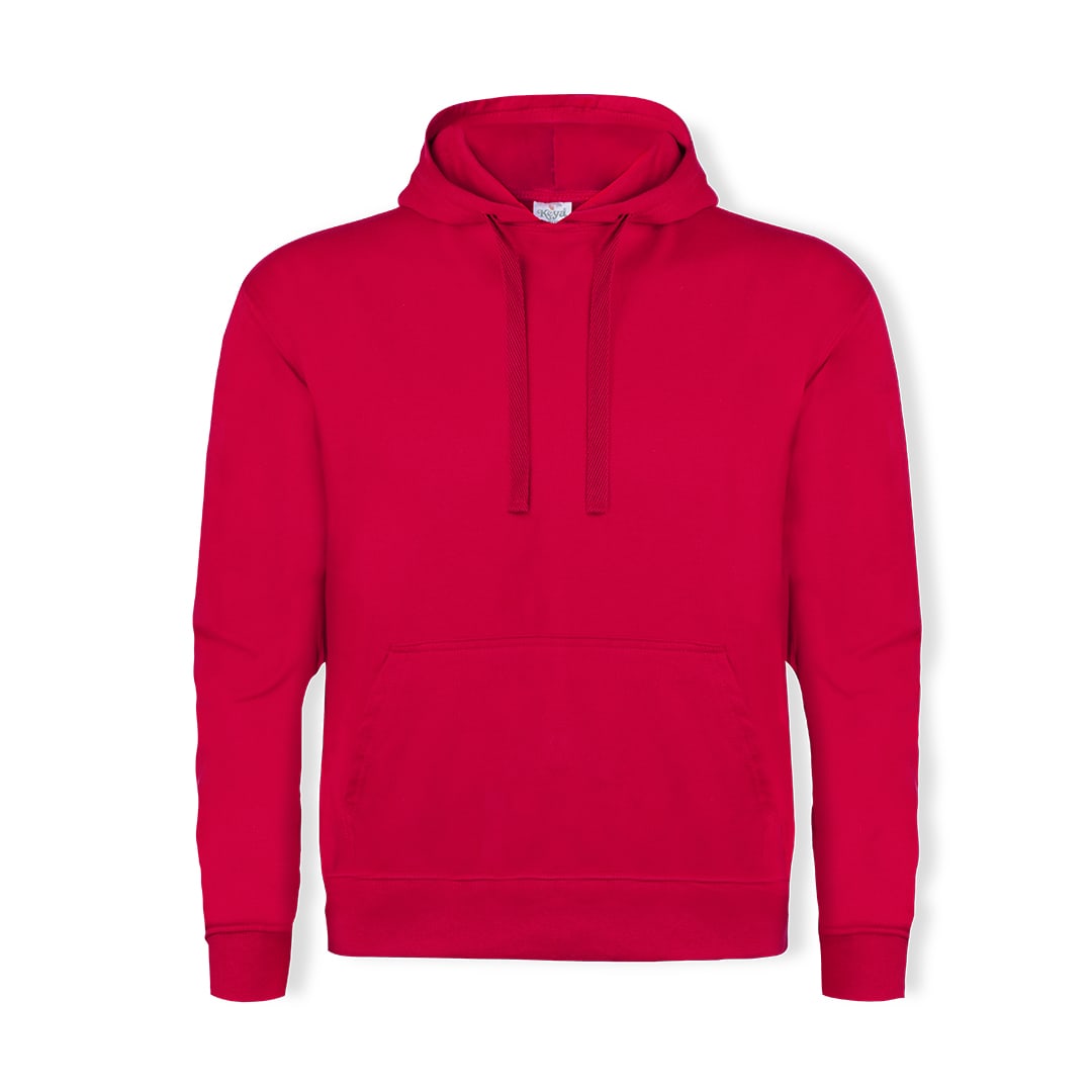 A bright red adult hooded sweatshirt with a front pocket and a hood. It features a branding logo. SWP280 Adult Hooded Sweatshirt "keya" - Image 1