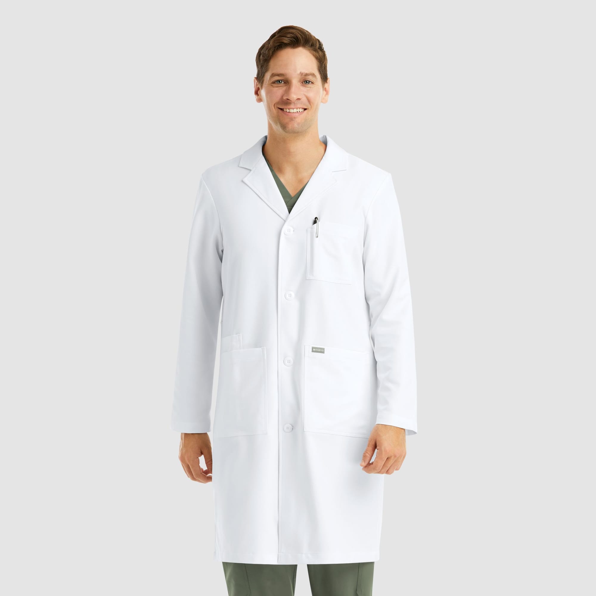 A white full-length lab coat for men, featuring pockets and a branding logo. Momentum Mens Full Length Lab Coat (40") - Image 1