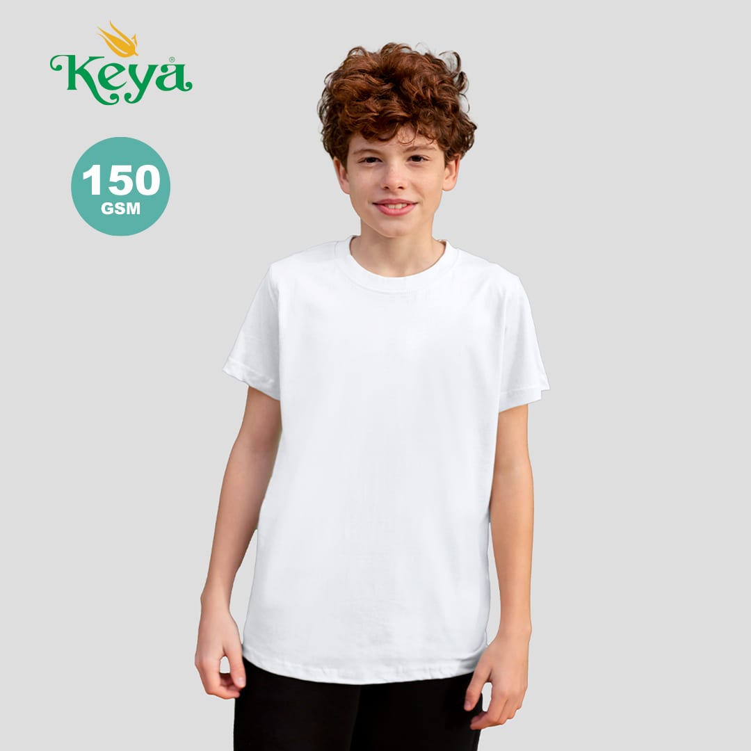 A white kids' T-shirt featuring a logo and made from 150 GSM fabric, displayed on a young model. YC150 Kids White T-Shirt "keya" - Image 1