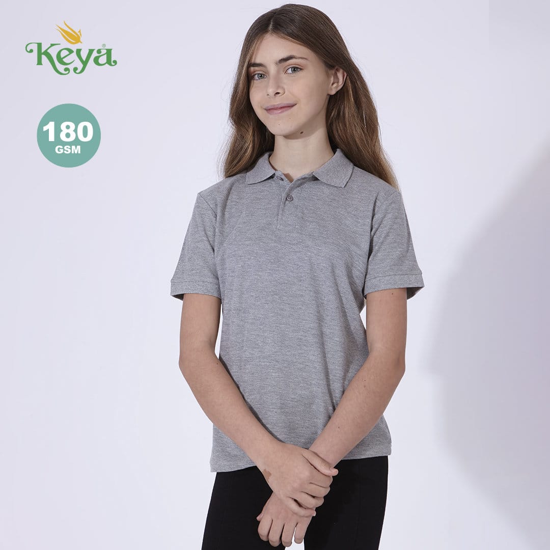 A grey polo shirt for kids featuring a collar and short sleeves, with a logo on the upper left. YPS180 Kids Colour Polo Shirt "keya" - Image 1