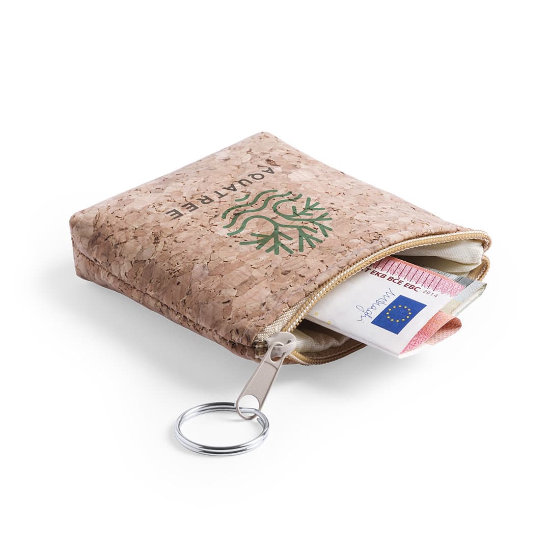 A cork wallet with a zip closure, featuring a keyring attachment and containing folded bank notes. Dabey Purse - Image 1