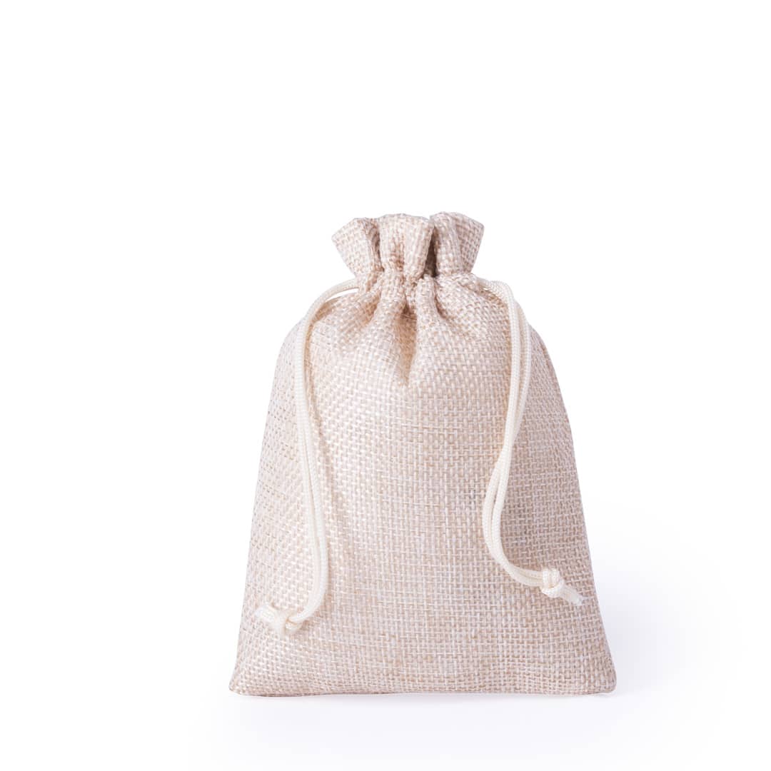 A small, pale pink drawstring bag made from textured fabric, featuring a cinch top and neutral tones. Dacrok Bag - Image 1