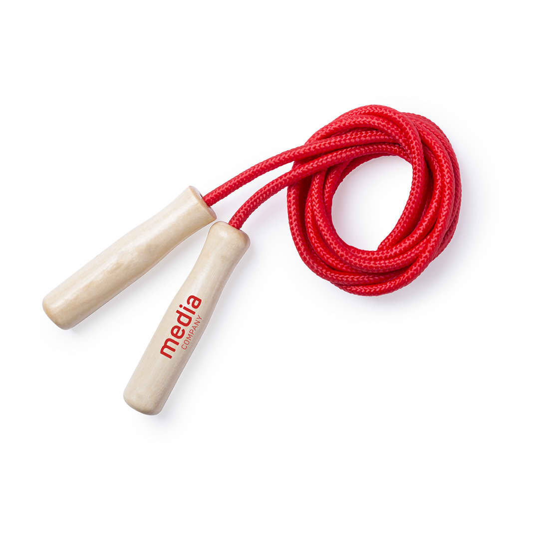A red skipping rope with wooden handles and a branding logo on one handle. Galtax Skipping Rope - Image 1