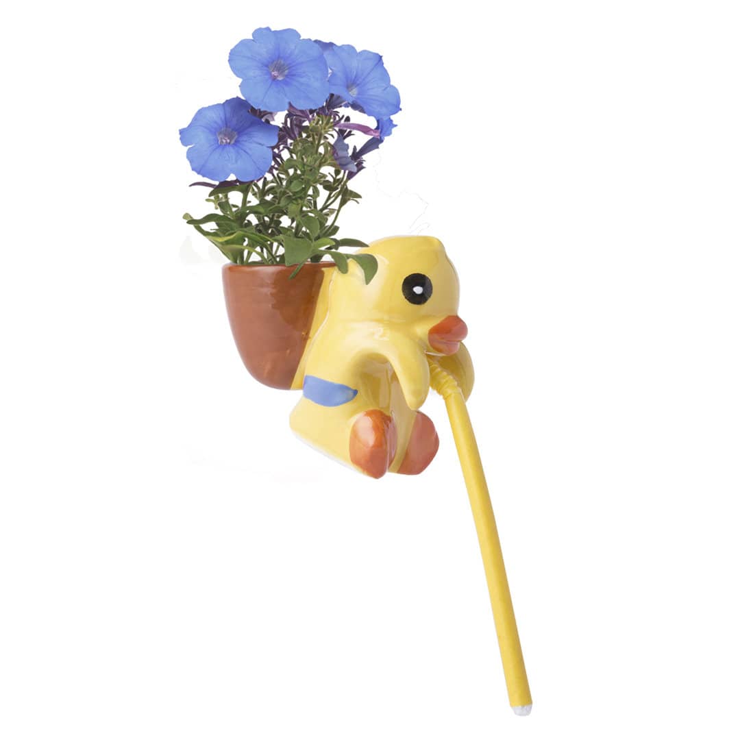 A yellow duck-shaped flowerpot with blue flowers, attached to a yellow straw and featuring a logo. Chupon Flowerpot - Image 1
