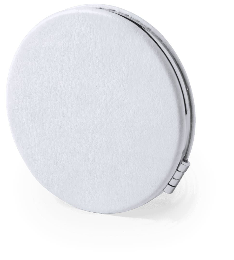 A round, white pocket mirror with a sleek, textured surface and a metal hinge for opening and closing. Plumiax Pocket Mirror - Image 1