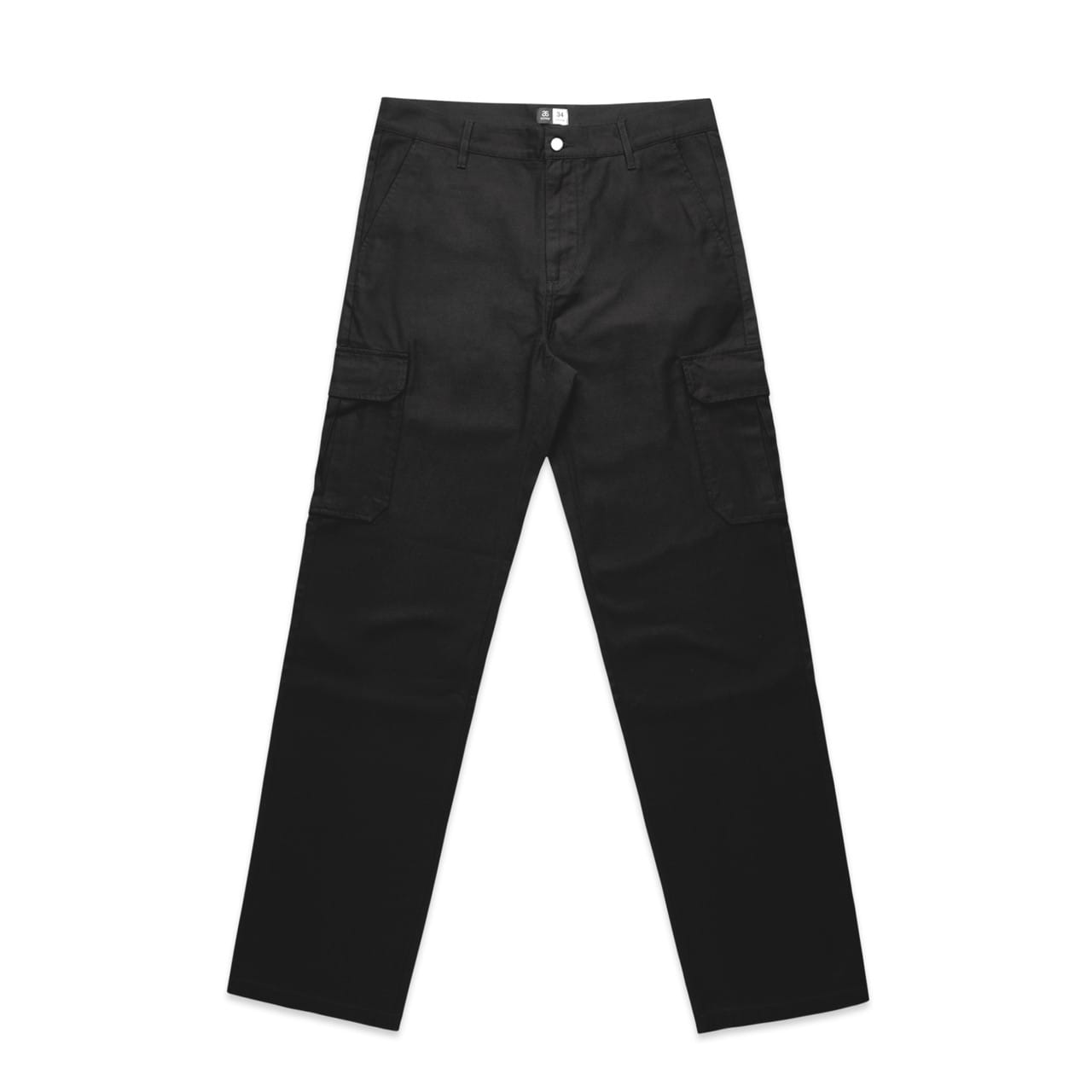 Black utility cargo pants featuring side pockets and a button closure, with a simple logo on the waistband. Utility Cargo Pants - Image 1