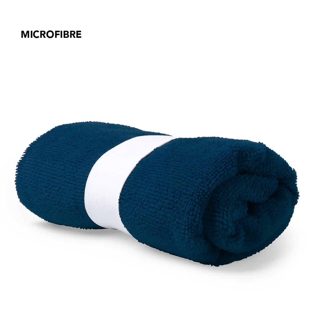 A rolled navy blue microfibre towel with a white band around it, featuring a logo. Kefan Absorbent Towel - Image 1