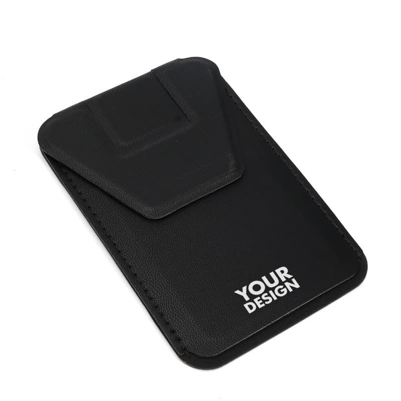 A black adhesive phone credit card holder with a sleek design and a logo area for customisation. Adhesive Phone Credit Card Holder - Image 1