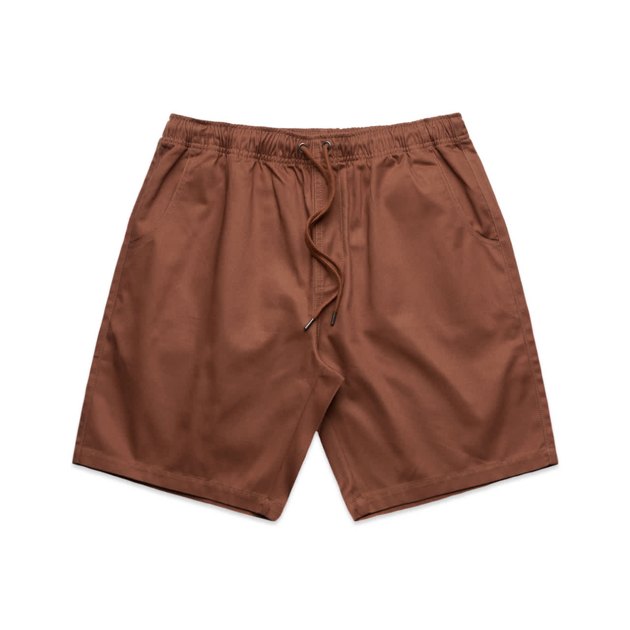 Brown dress shorts with an elastic waistband and dual side pockets. The shorts feature a branding logo. Walk Shorts - Image 1