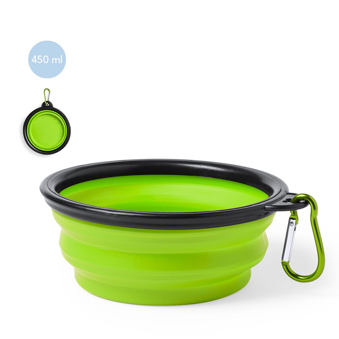 A foldable bowl in vibrant green and black with a carabiner for easy attachment. Ideal for pet accessories. Baloyn Foldable Bowl - Image 1