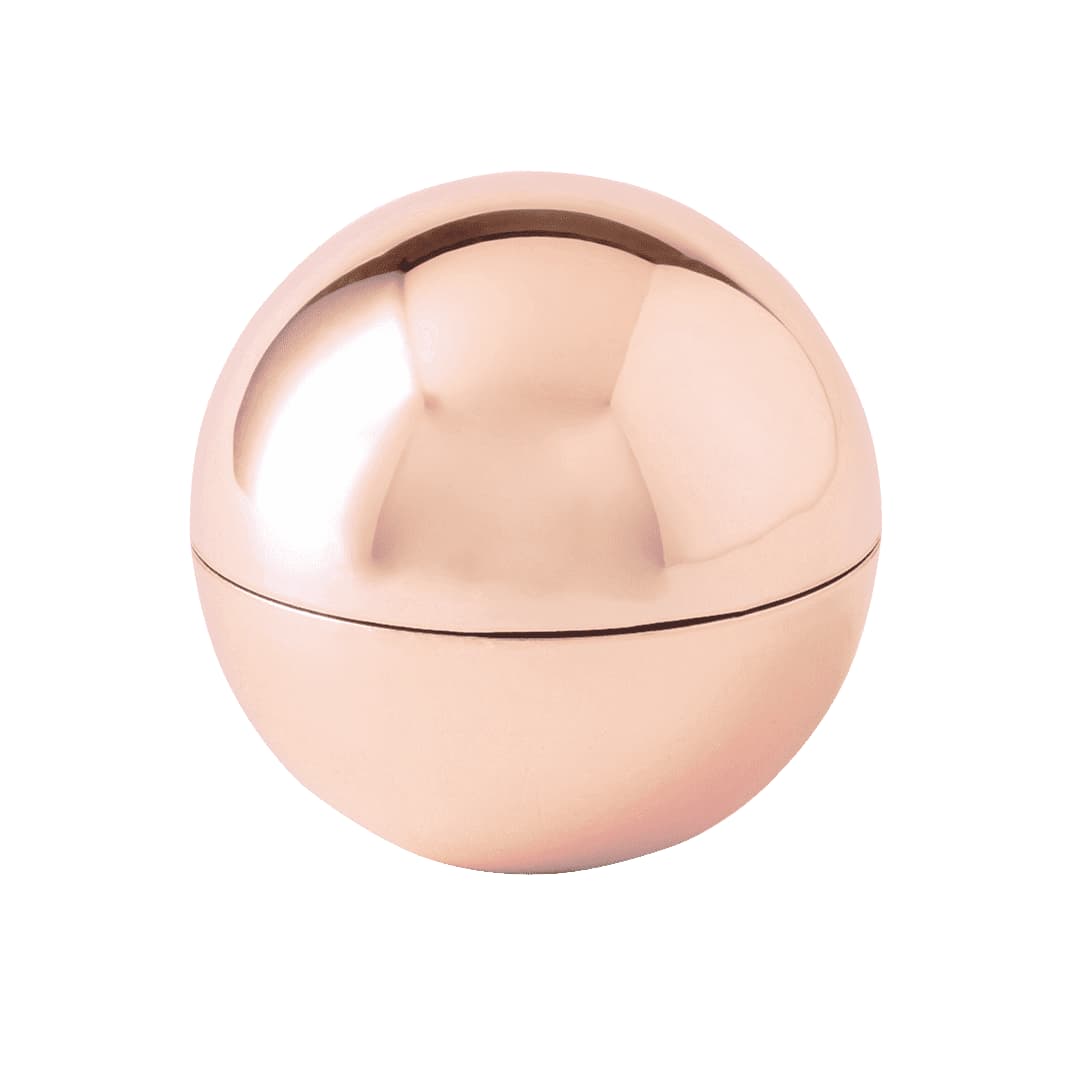 A spherical lip balm container in a shiny rose gold finish with a seamless design and a lid. Epson Lip Balm - Image 1