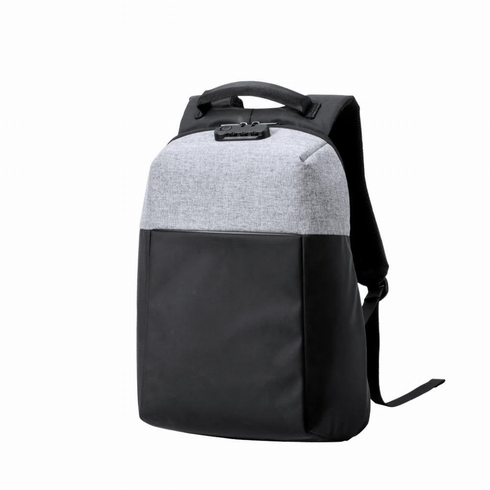 A backpack featuring a grey top and black bottom, with a sturdy handle and padded straps. It has a logo. Ranley - Image 1