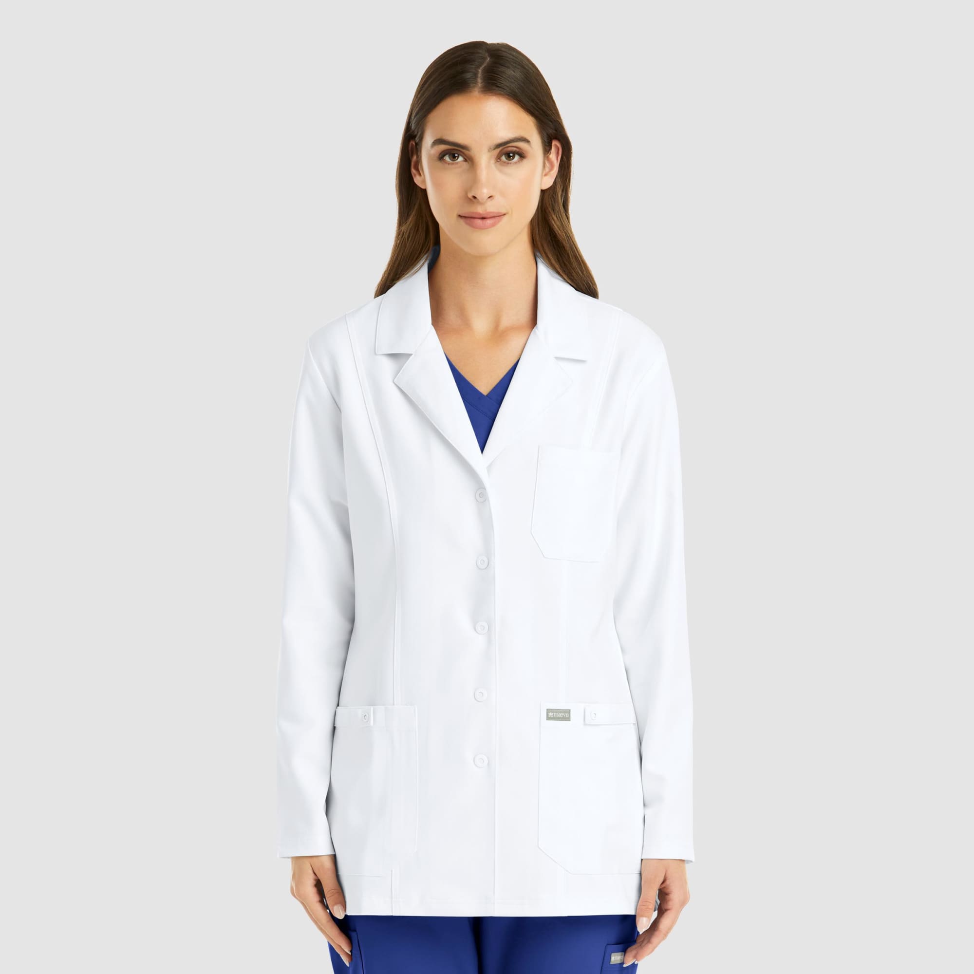 A white women's lab coat with a pocket, featuring long sleeves and a tailored fit. Momentum Womens Snap Consultation Lab Coat (28.5") - Image 1