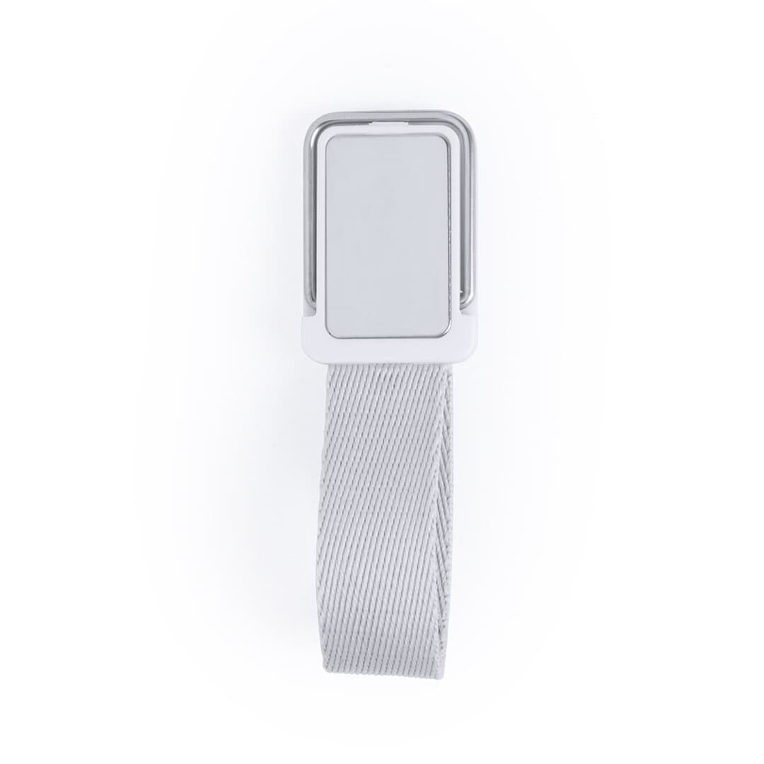A silver and white car phone holder with a rectangular mount and a textured strap. It features a logo on the back. Manfix Holder - Image 1