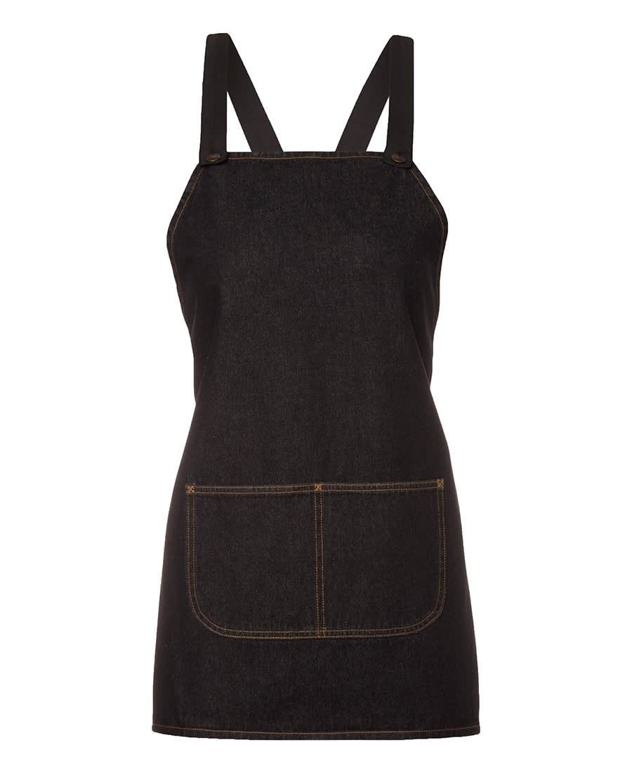 A black denim bib apron featuring a cross-back design and a front pocket. Includes a logo on the fabric. JB's Cross Back 65x71 Bib Denim Apron (Without Strap) - Image 1