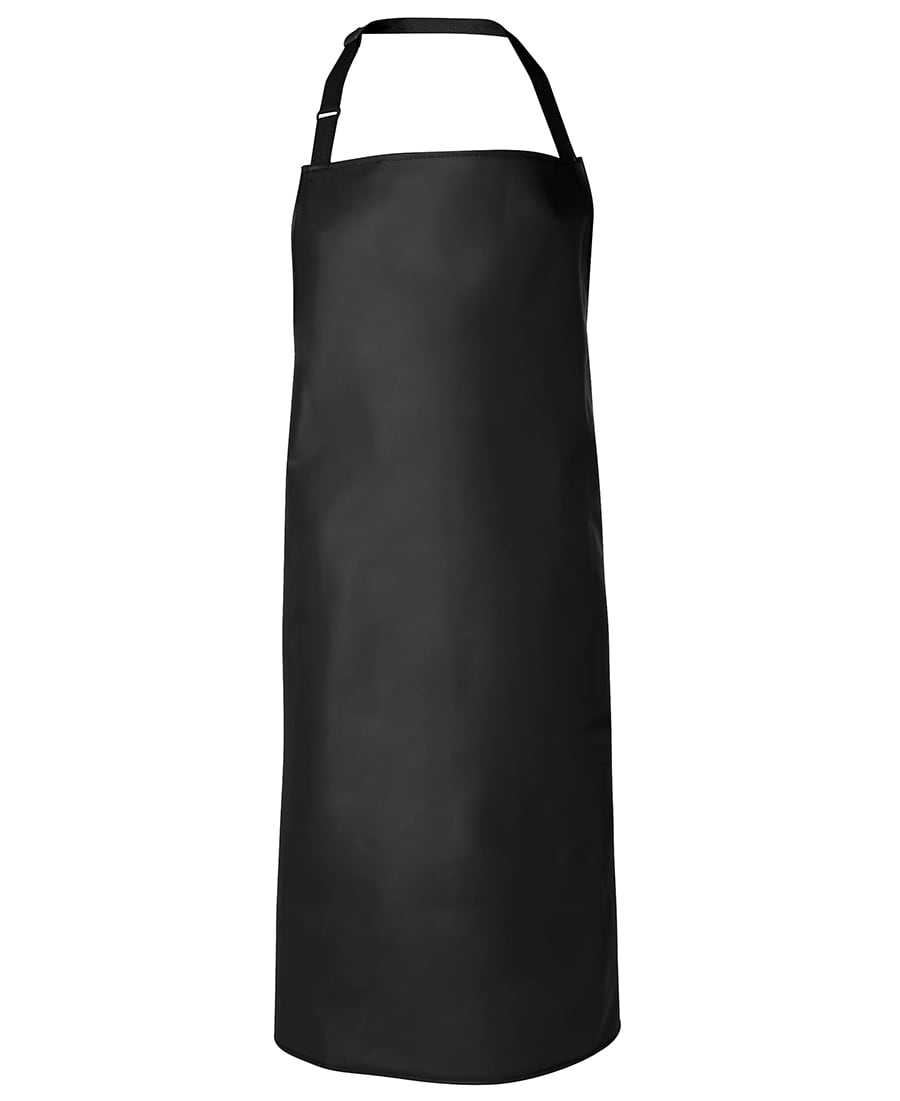 A black vinyl bib apron, 90x60 cm, featuring an adjustable strap and a logo. JB's 490 Gsm Vinyl 90x60 Bib Apron - Image 1