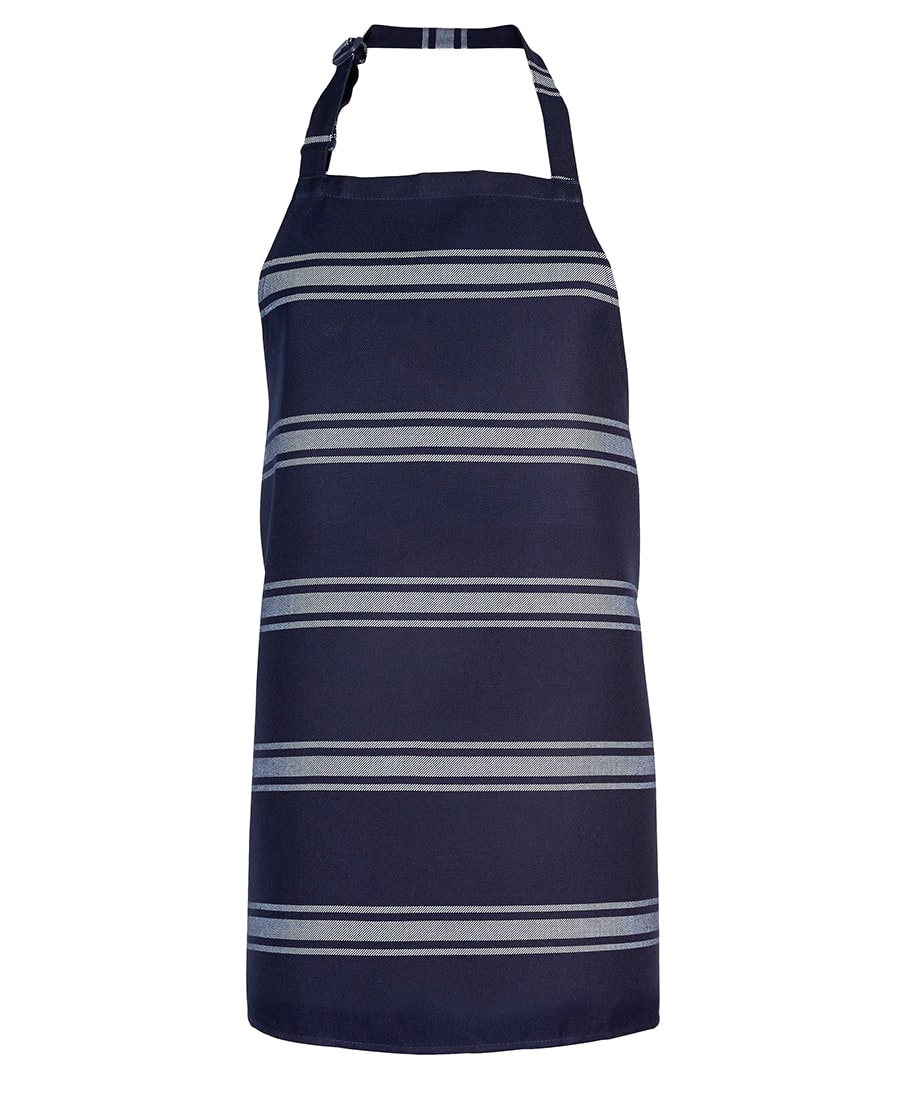 A navy blue apron with grey stripes and a halter neck. It features a logo or branding. JB's Butcher's Apron - Image 1