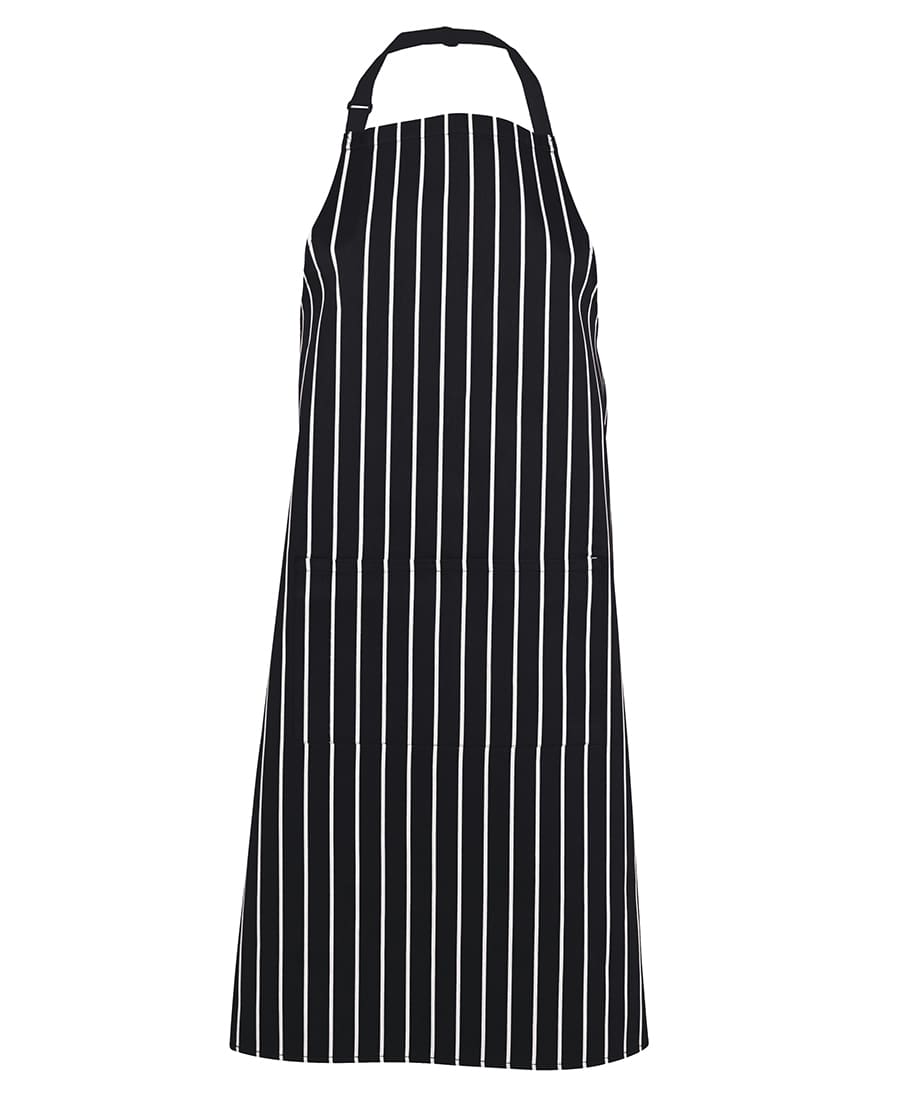 A striped black and white apron with a pocket and adjustable neck strap. It features a logo on the front. JB's Bib Striped Apron - Image 1