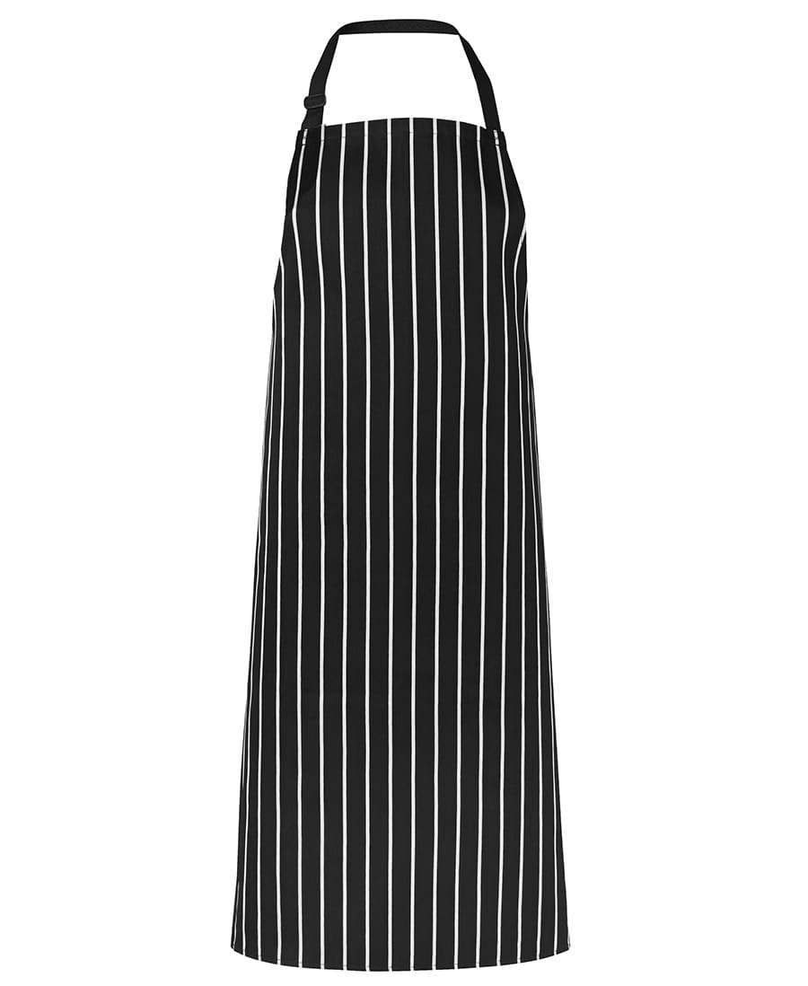 A black and white striped apron without pockets, designed for workwear. It features an adjustable neck strap and a logo. JB's Bib Striped Without Pocket - Image 1