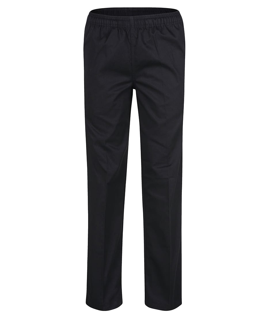 A pair of black elasticated chef pants featuring a simple design and an elastic waistband. JB's Ladies Elasticated Pant - Image 1