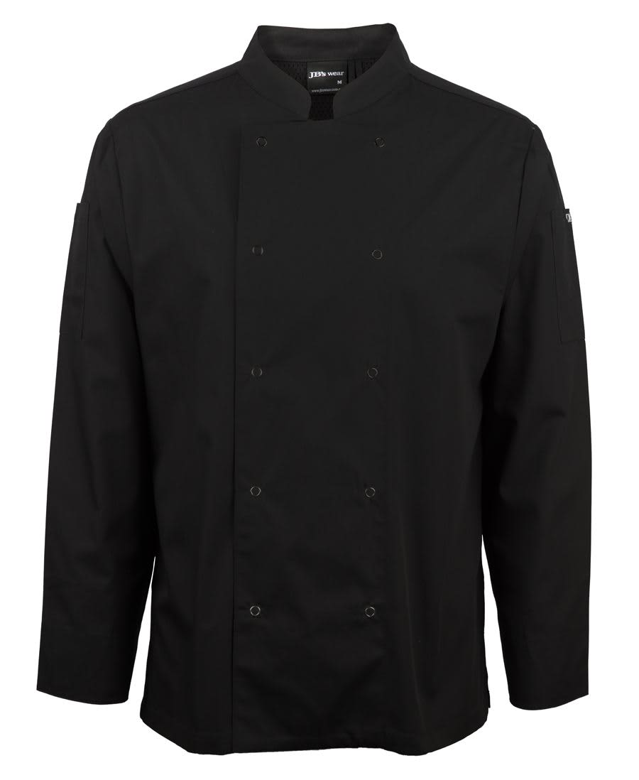 A black long-sleeve chef's jacket with snap buttons and a logo on the sleeve. JB's L/S Snap Button Chefs Jacket - Image 1