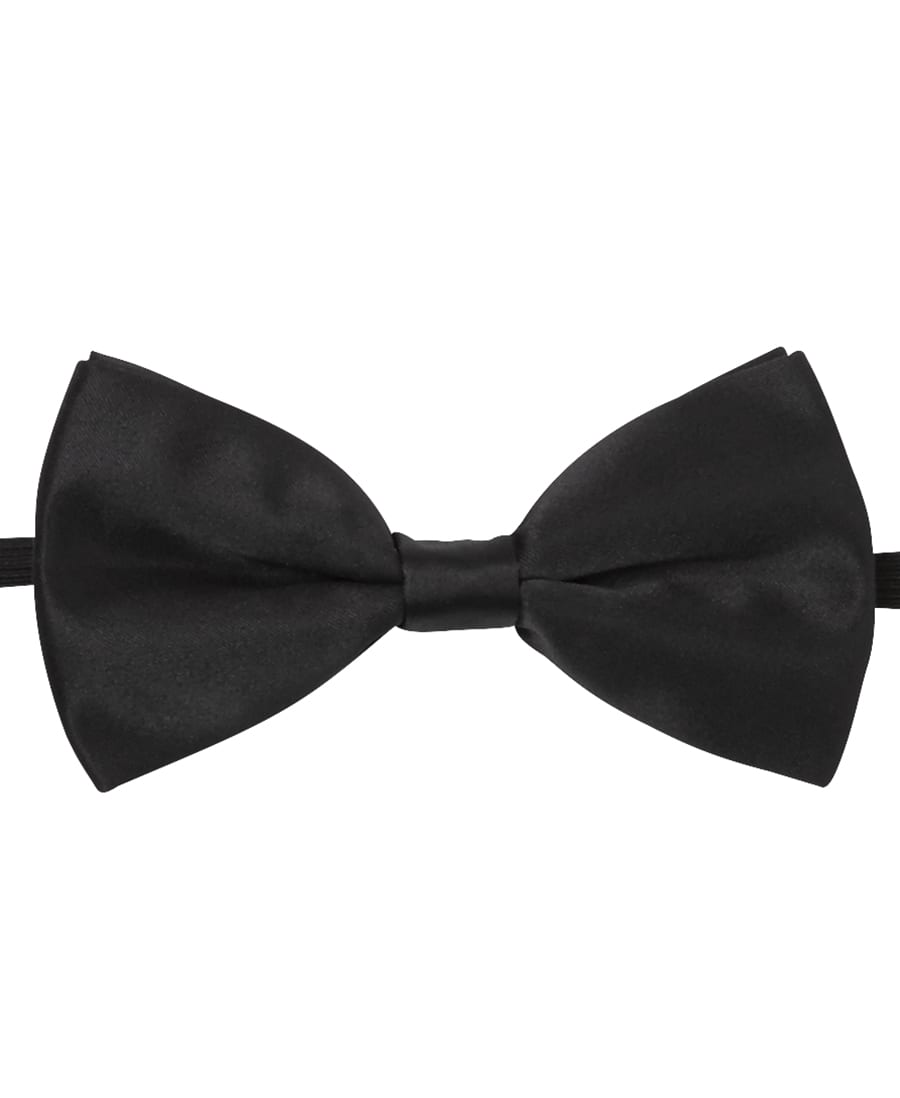 A black satin bow tie with a central knot, featuring a smooth surface and an adjustable strap. JB's - Image 1