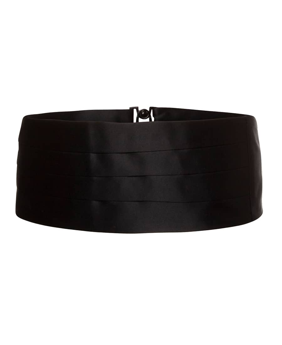 A black cummerbund with pleated design, featuring a fastening clip at the back. It has a smooth fabric texture. JB's Cummerbund - Image 1