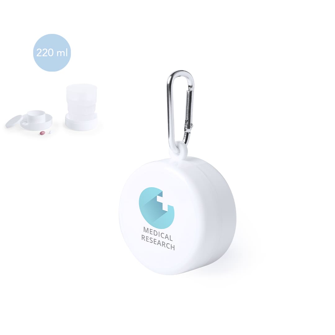 A foldable white cup with a carabiner, featuring a logo, holds 220 ml. The cup is compact and portable. Berty Foldable Cup - Image 1