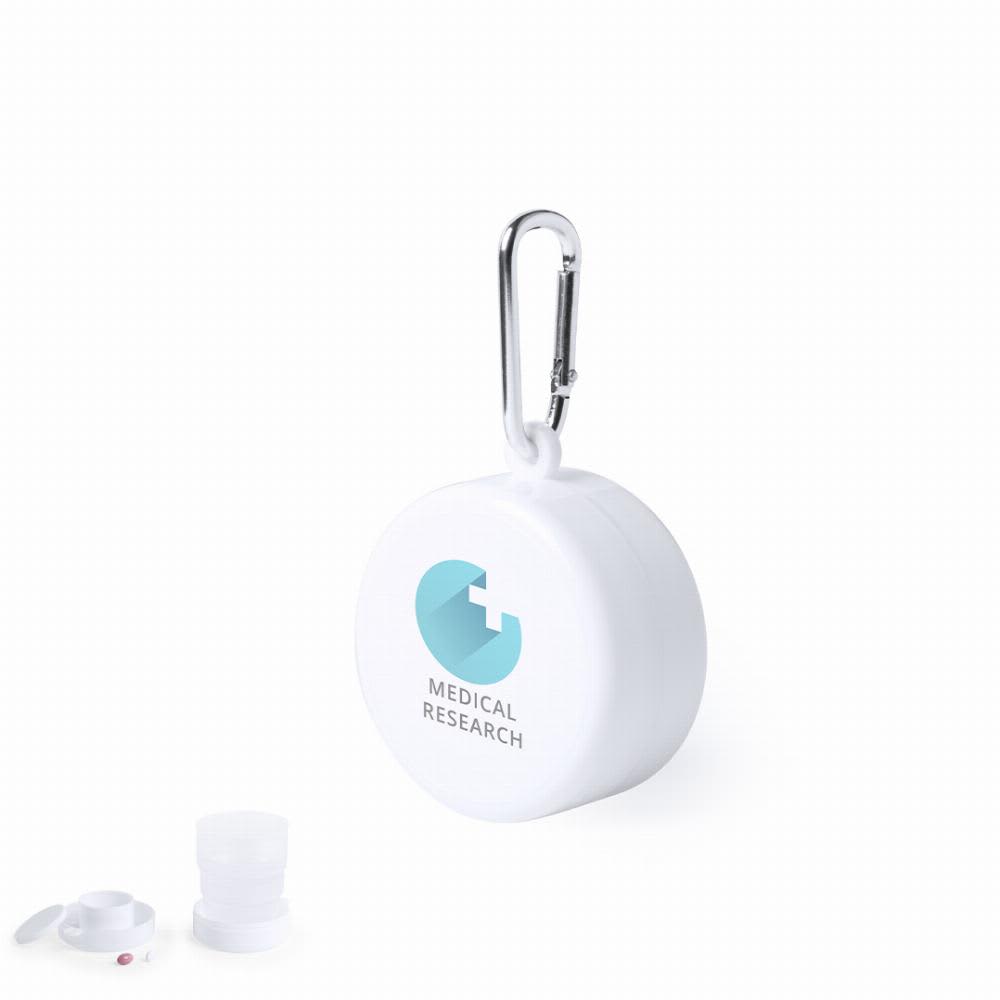 A white round container with a carabiner clip, featuring a logo and two removable caps. Berty - Image 1