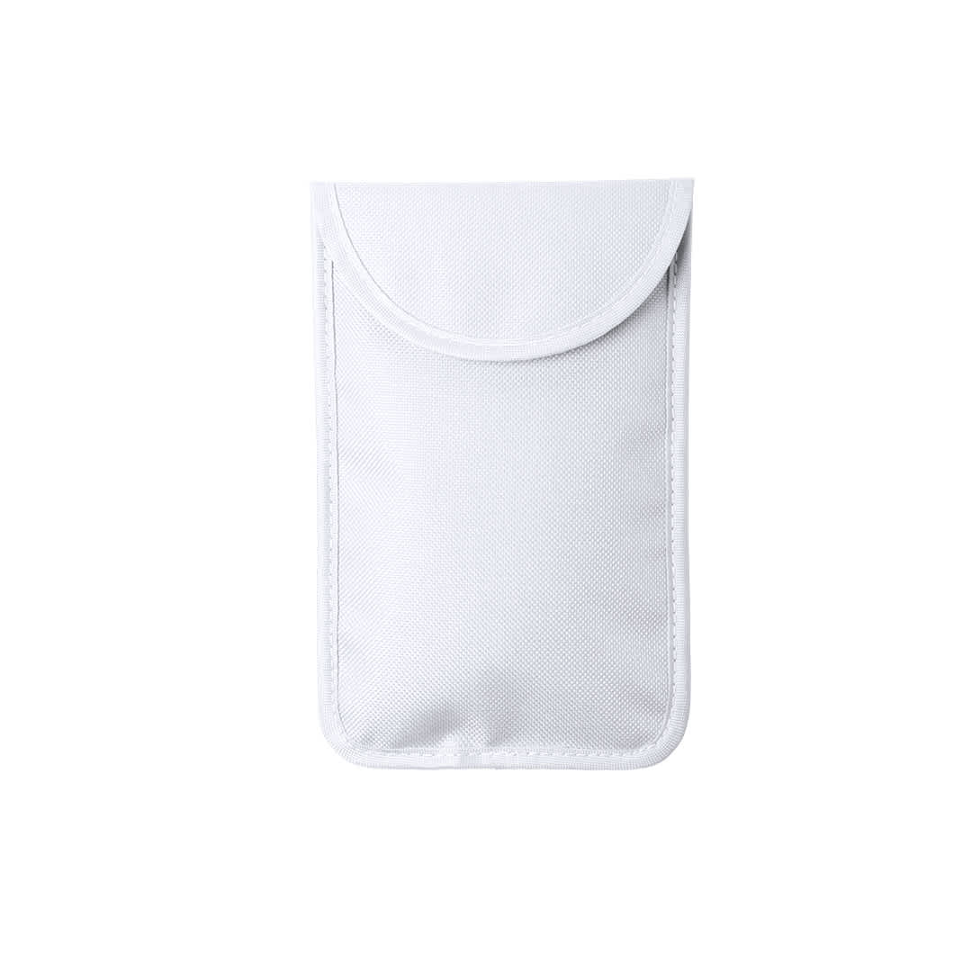 A white pouch with a curved flap closure, designed as a protective phone wallet. Features a branding logo. Hismal Protector Pouch - Image 1