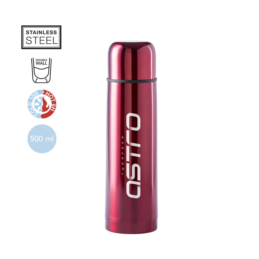 A drink bottle in shiny red stainless steel with a double wall, featuring a logo and a capacity of 500 ml. Tancher Vacuum Flask - Image 1