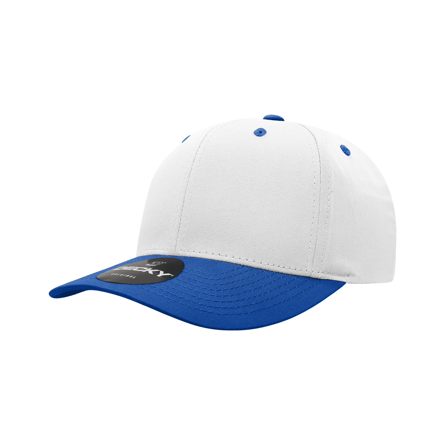 A structured 6 panel cap featuring a white body and a blue peak, with a logo on the front. 6 Panel Mid Profile Structured Cap - Image 1