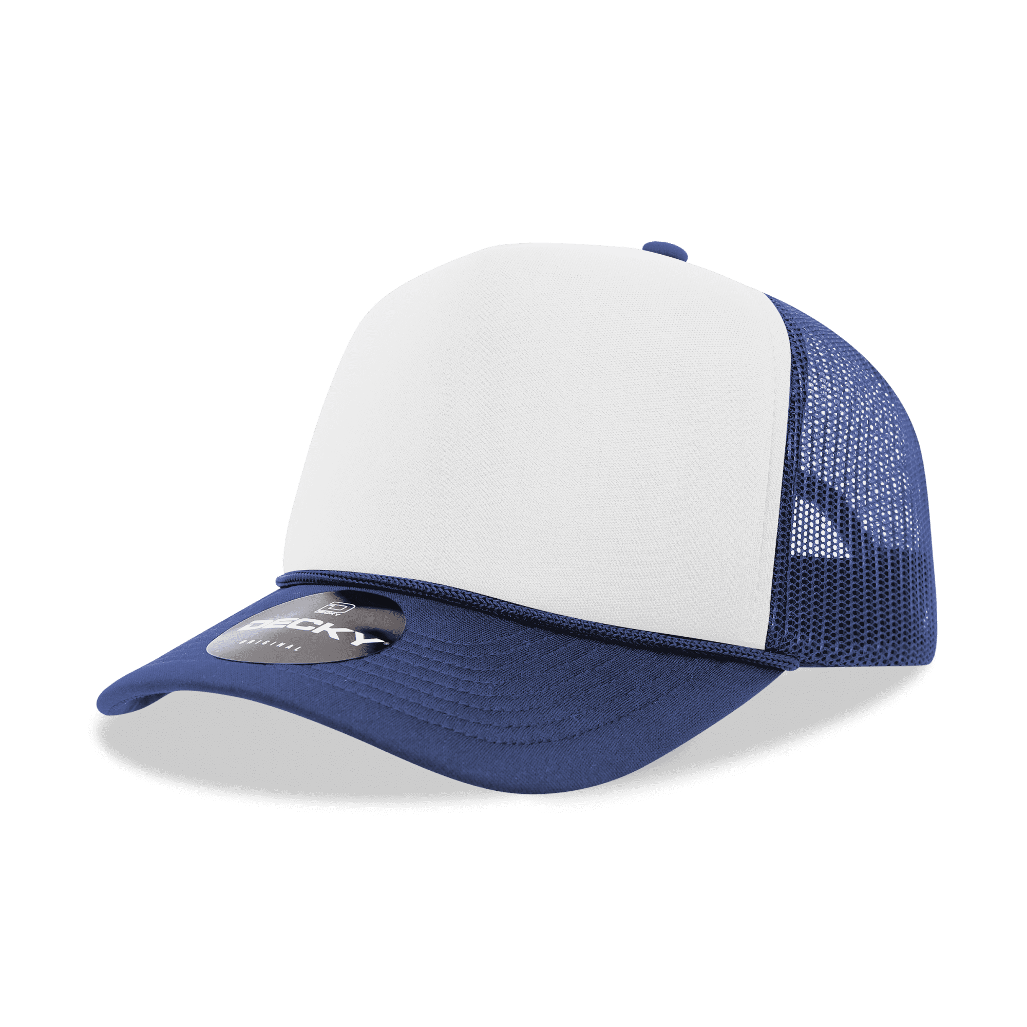 A blue and white 5 panel mid-profile structured foam trucker cap with a mesh back and a logo on the front. 5 Panel Mid Profile Structured Foam Trucker - Image 1