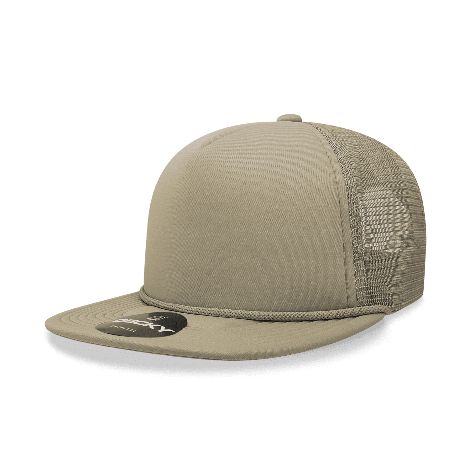 A high-profile structured foam trucker cap in beige with a mesh back and a branded tag. 5 Panel High Profile Structured Foam Trucker - Image 1