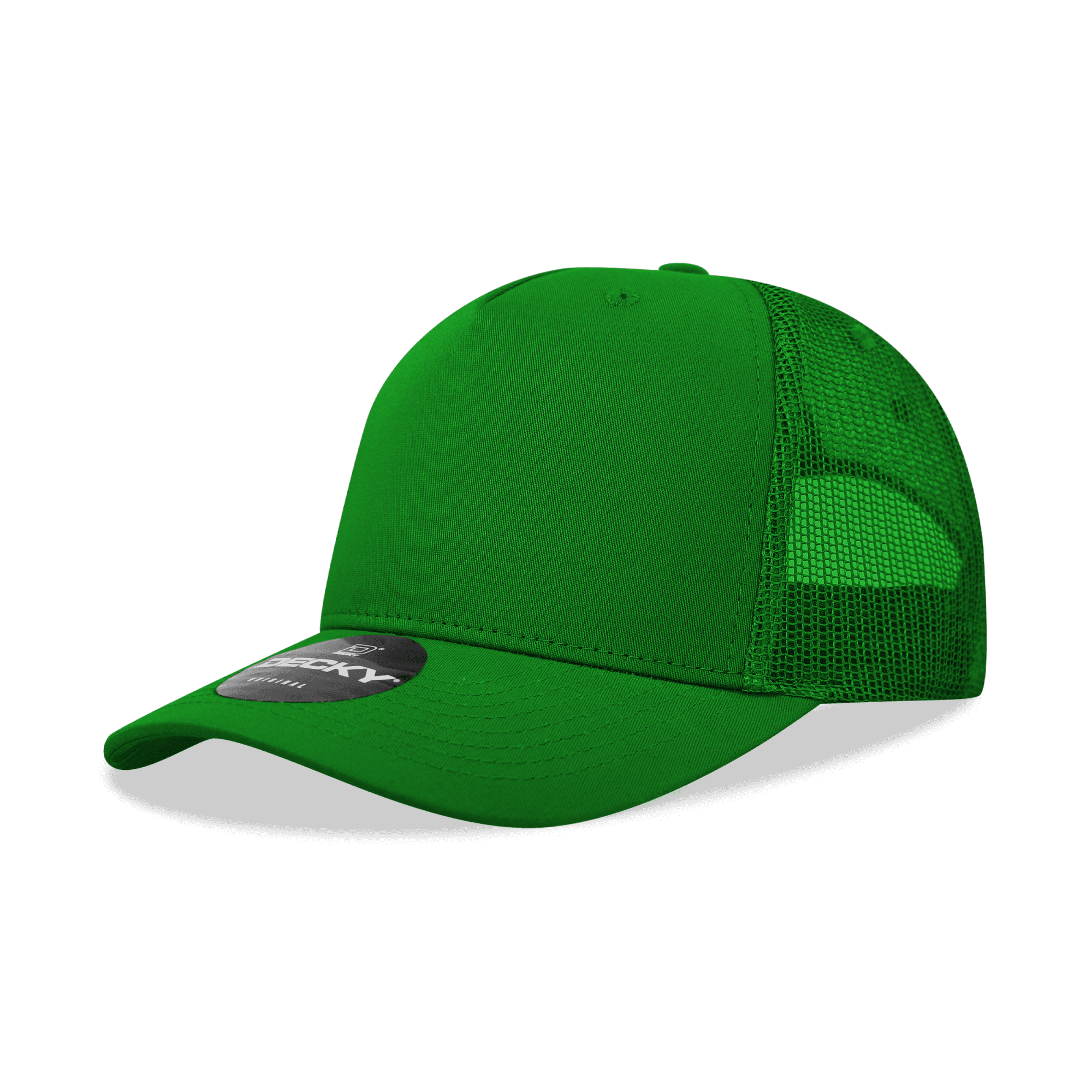 A bright green 5 Panel Mid Profile Structured Trucker cap with mesh panels and a logo. 5 Panel Mid Profile Structured Trucker - Image 1