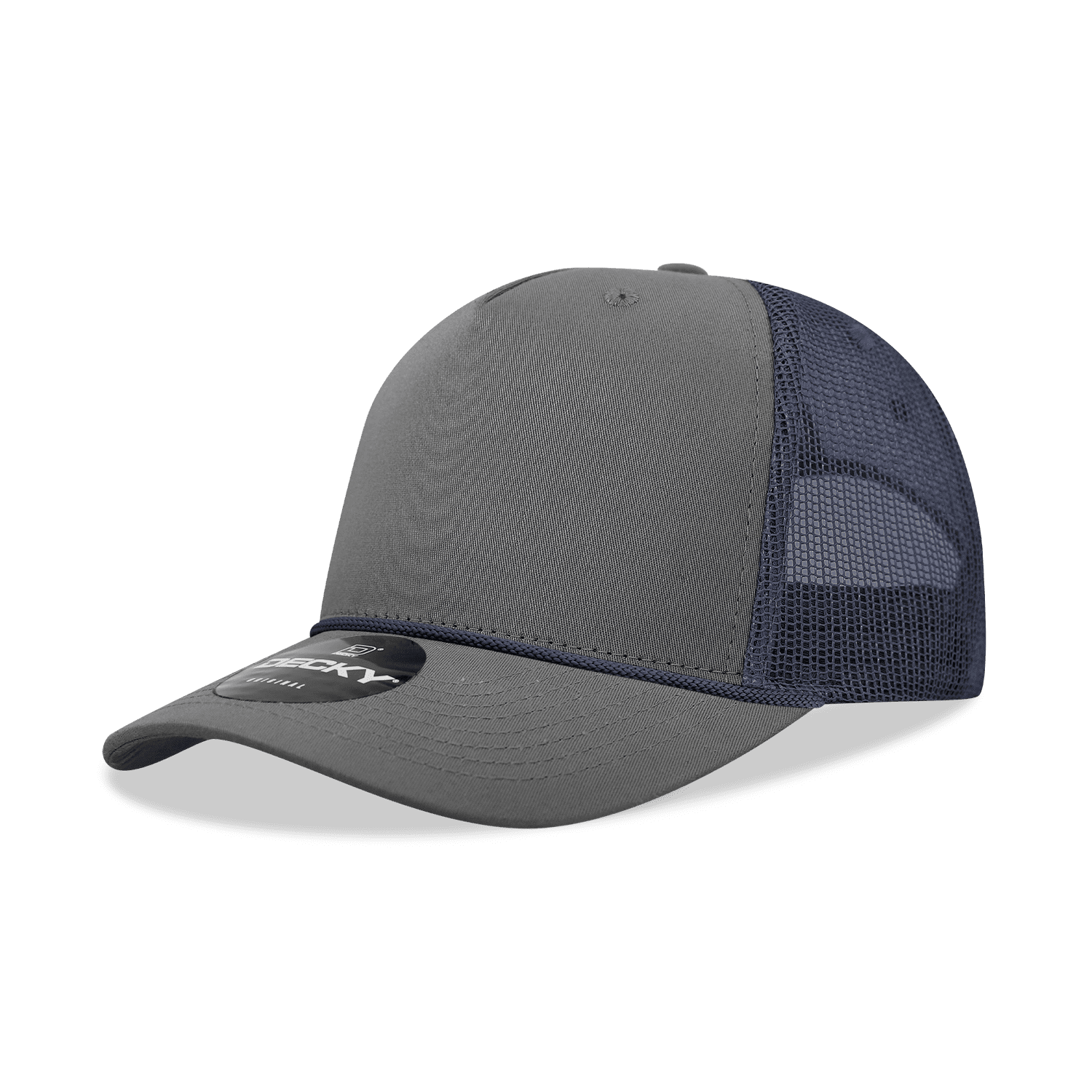 A grey high-profile structured trucker cap with mesh panels and a branded logo. 5 Panel High Profile Structured Trucker Rope - Image 1