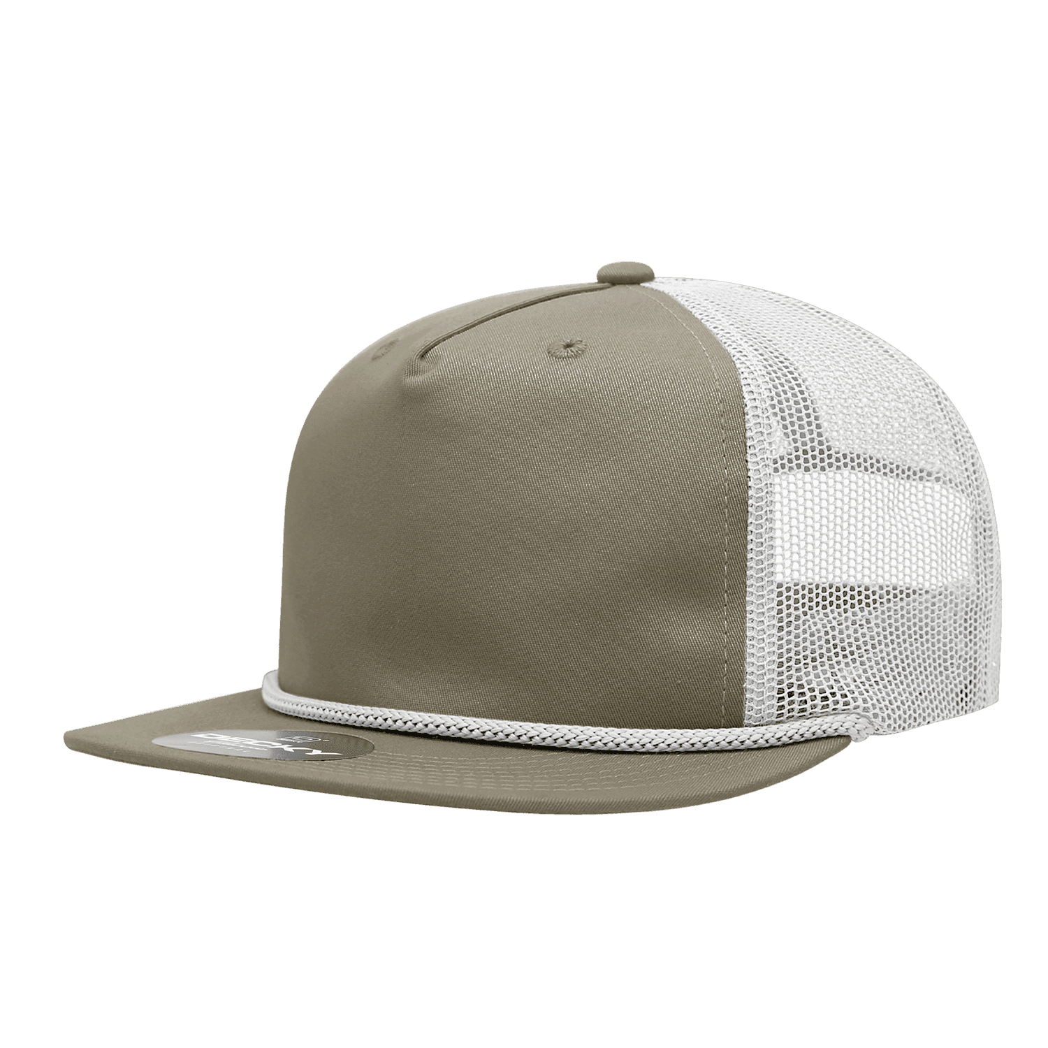 A high-profile, relaxed trucker cap in olive green with a white mesh back and a logo on the side. 5 Panel High Profile Relaxed Trucker Rope - Image 1