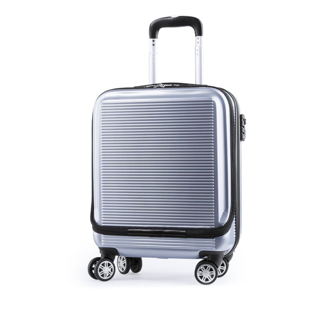 A wheeled bag in silver with a ridged design and a retractable handle. It features four wheels for easy transport. Kleintor Trolley - Image 1