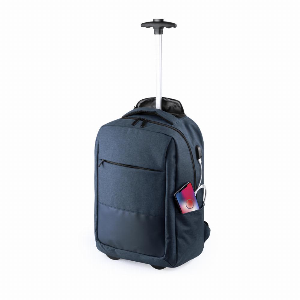 A dark blue wheeled backpack with a telescopic handle and a front zip pocket, featuring a mobile phone in a side pocket. Haltrix - Image 1