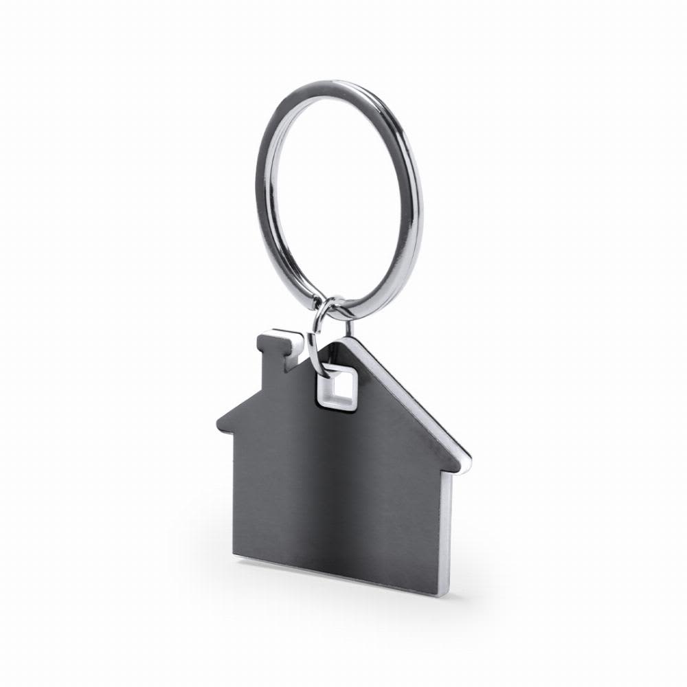 A keyring shaped like a house, featuring a shiny silver finish and a smooth, flat surface. Zosin - Image 1