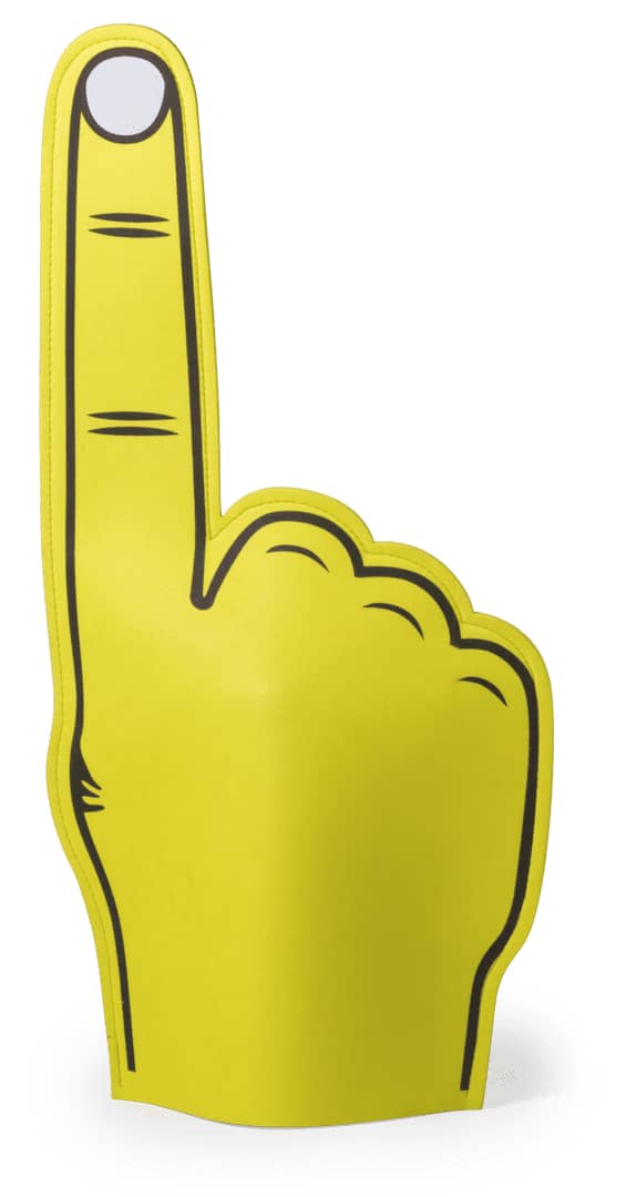 A bright yellow foam finger with one finger raised, featuring a black outline and a circular hole at the top. Zacky Animation Hand - Image 1