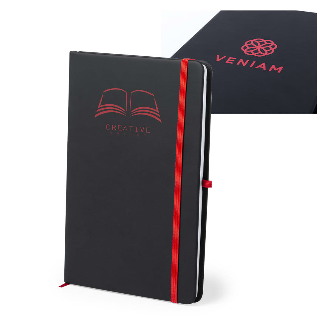 A black notepad with a red elastic band, featuring a logo and an open book illustration. Kefron Notepad - Image 1
