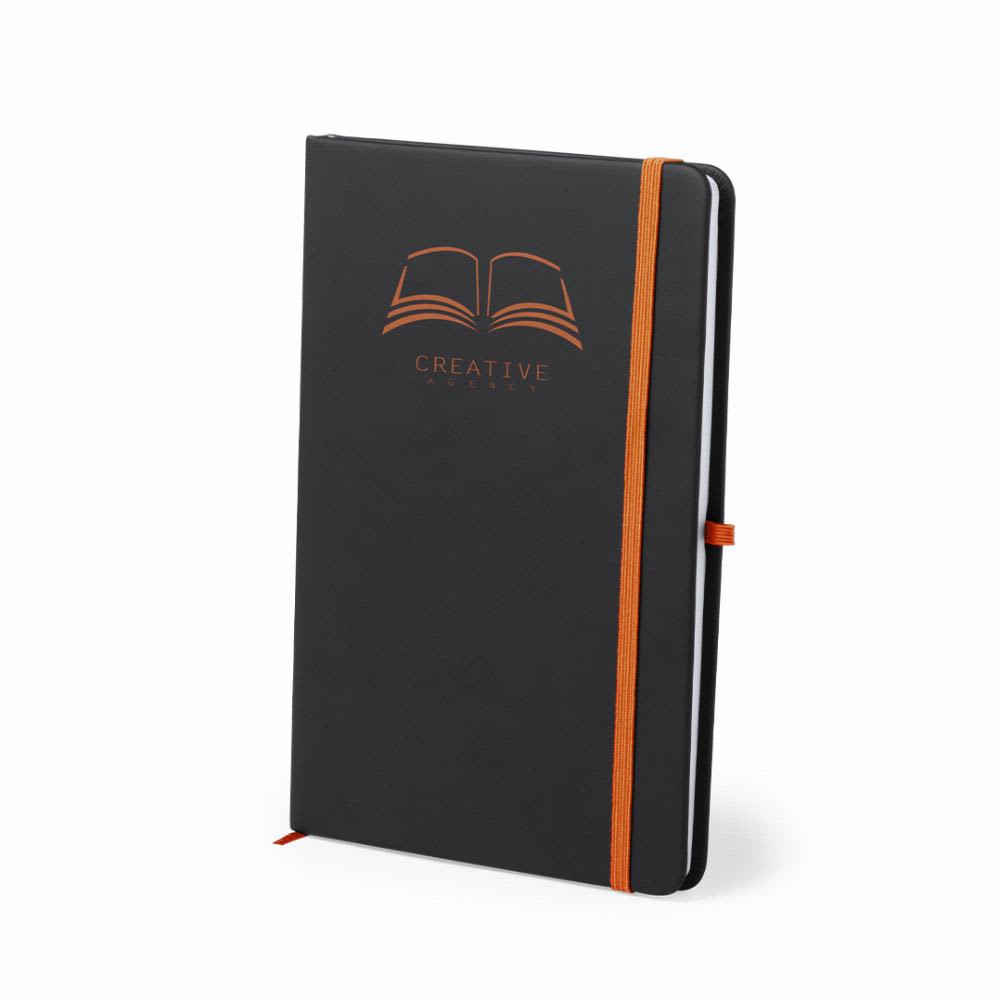 A black notebook with an orange elastic band and an embossed design of an open book on the cover. Kefron - Image 1