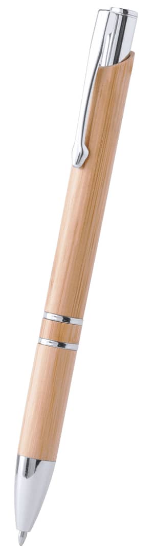 A wooden pen with a natural finish, featuring chrome accents and a clip. The pen has a sleek design. Nikox Pen - Image 1