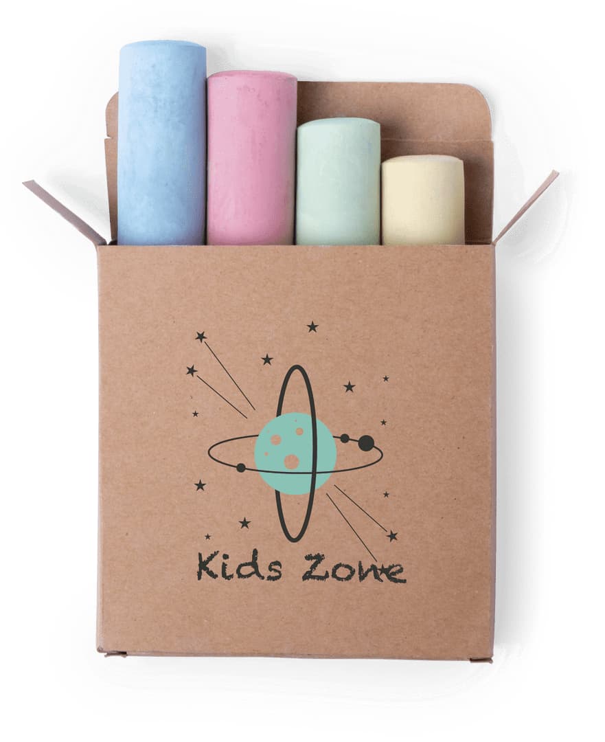 A cardboard box contains four large chalk sticks in pastel pink, blue, yellow, and green, with a logo featuring a planet. Remix Chalk Set - Image 1